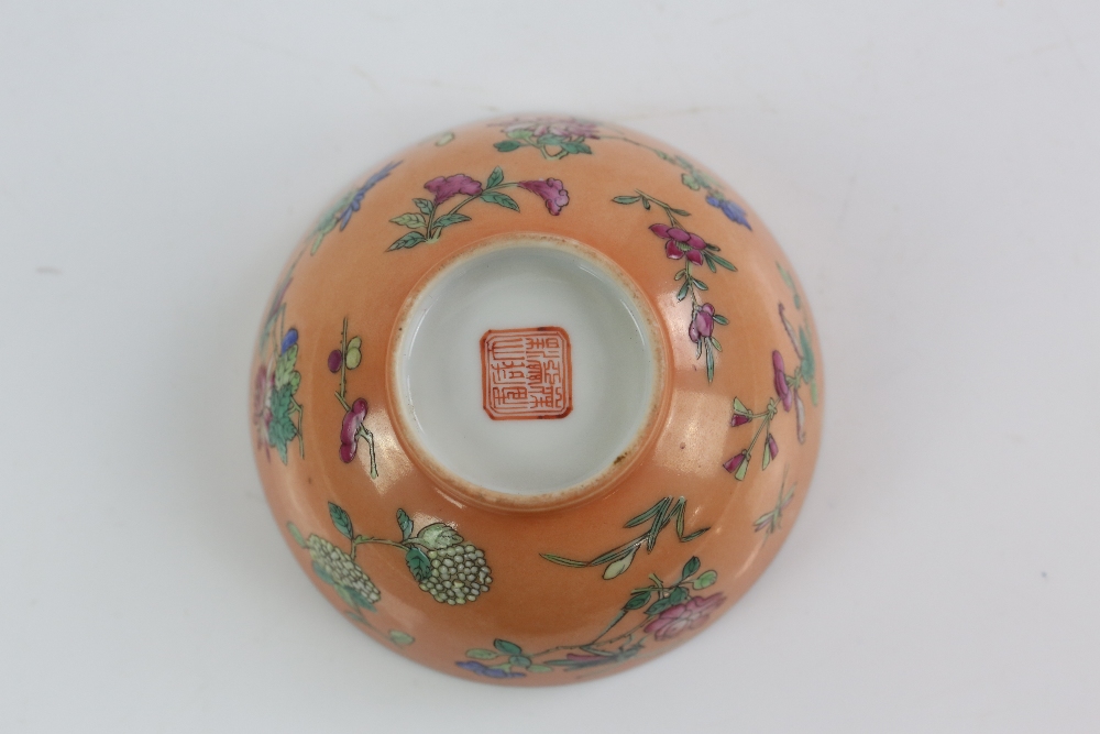 A pair of coral ground, famille rose bowls, each one decorated with insects and floral designs, 9. - Image 6 of 14
