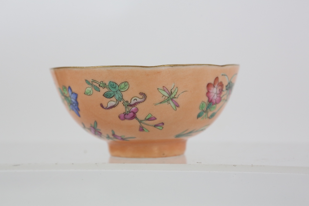 A pair of coral ground, famille rose bowls, each one decorated with insects and floral designs, 9. - Image 12 of 14