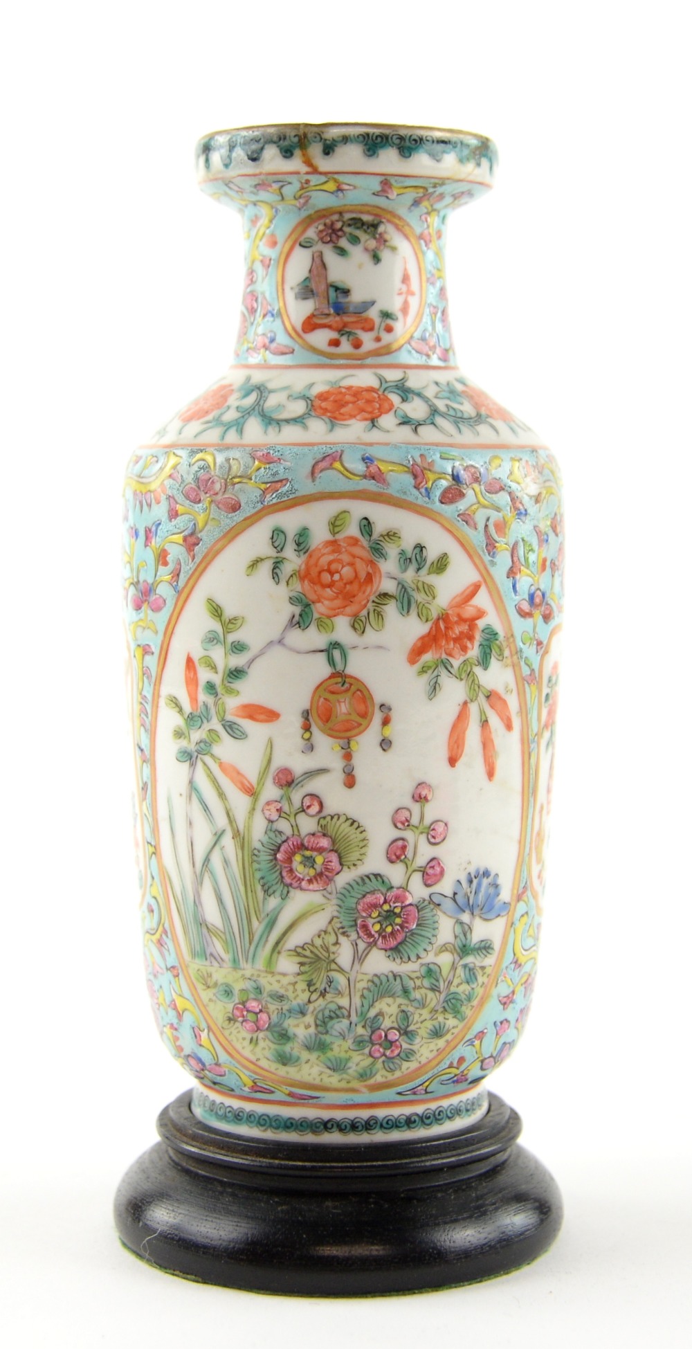 A small famille rose vase of rouleau form, decorated with oval panels of floral designs; the base - Image 3 of 5