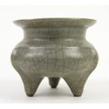 A ge or guan style, grey/green monochrome tripod incense burner with crackle design, 10 cm high,