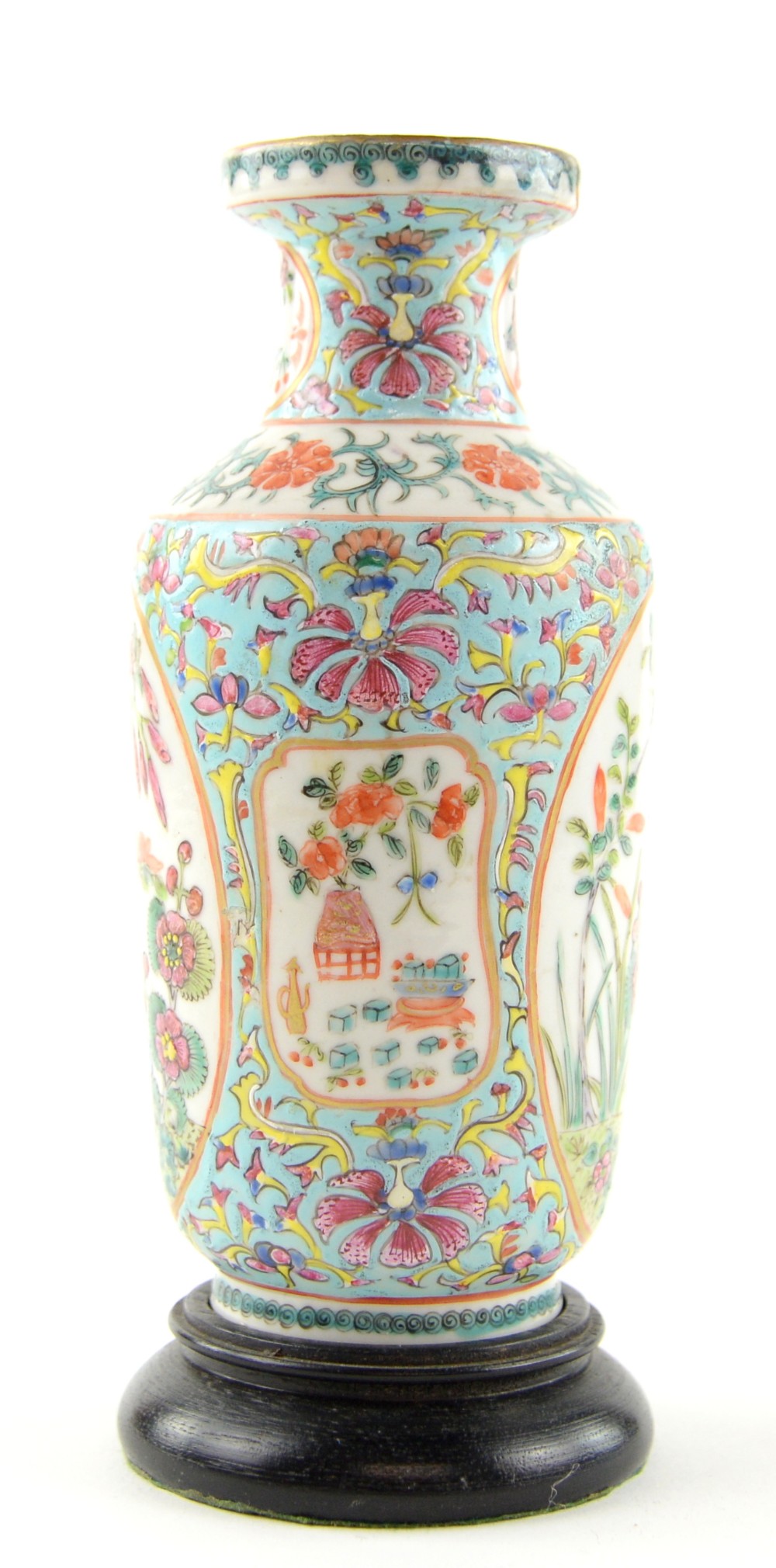 A small famille rose vase of rouleau form, decorated with oval panels of floral designs; the base - Image 2 of 5