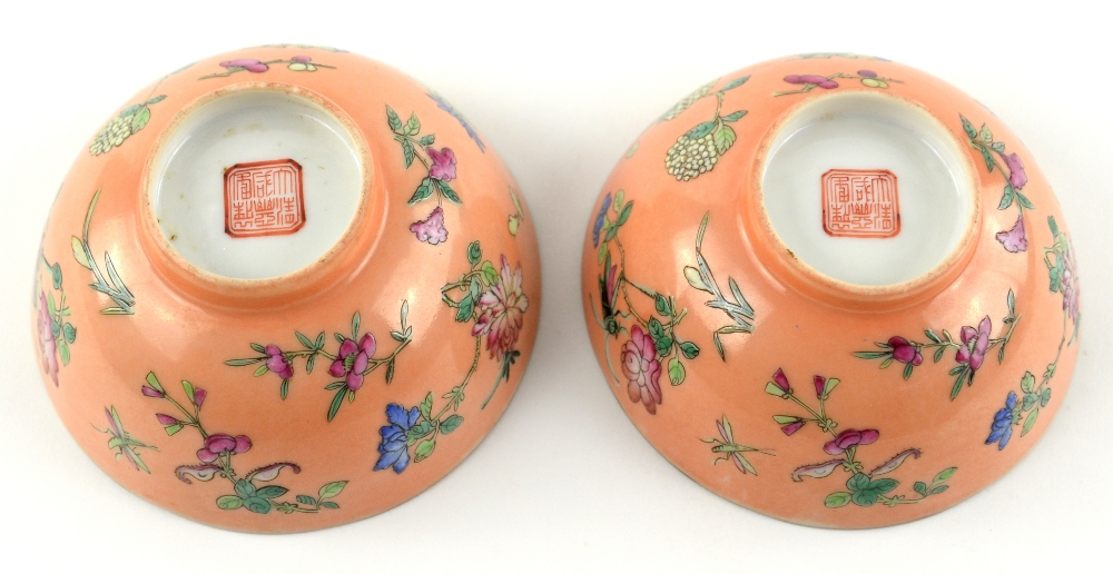 A pair of coral ground, famille rose bowls, each one decorated with insects and floral designs, 9. - Image 3 of 14