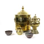 Five pieces of Asian [or other] metalwork, comprising: a pair of metal-alloy bowls, about 12 cm