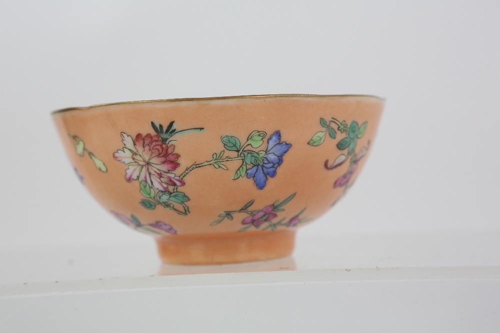 A pair of coral ground, famille rose bowls, each one decorated with insects and floral designs, 9. - Image 11 of 14