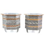 A pair of Indian, metal plated hexagonal vessels; each one decorated with a band of elephants, 31 cm