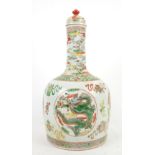 A rose-verte bottle vase with cylindrical base and domed cover with knop finial, decorated with