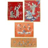 Four Chinese textiles, comprising: one of two figures in a garden, 36 x 27 cm; one of a mother and