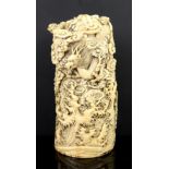 19th century Japanese carved ivory tusk decorated with tiger and dragon amongst clouds and ocean,