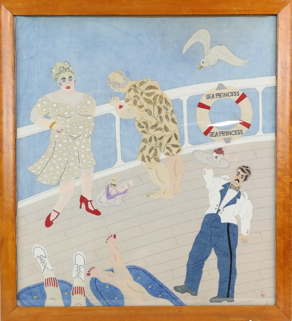 William Towers, 'Sea Princess', needlework depicting figures on the deck of a ship, signed with - Image 2 of 10