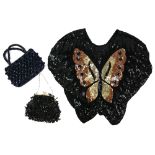 A Collection of vintage beaded clothing to include a jacket in bold colours by Linsiano, a black