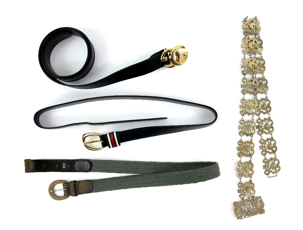 A large quantity of belts to include 2 Gucci belts and a Mulberry belt, a chain link plated belt