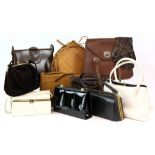 A collection of 10 handbags mostly 50s 60s, including a brown leather Waldybag, a faux Crocodile