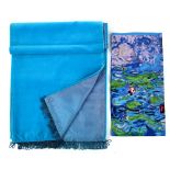 Vintage silk scarf based on Monet's Water Lily's machine stitched on the edge, and a turquoise