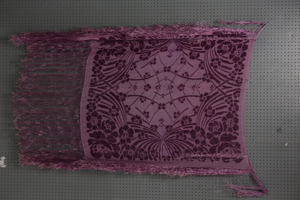 Devore shawl in pale purple with deep fringe and an Art Deco black and gold lame scarf . - Image 2 of 8
