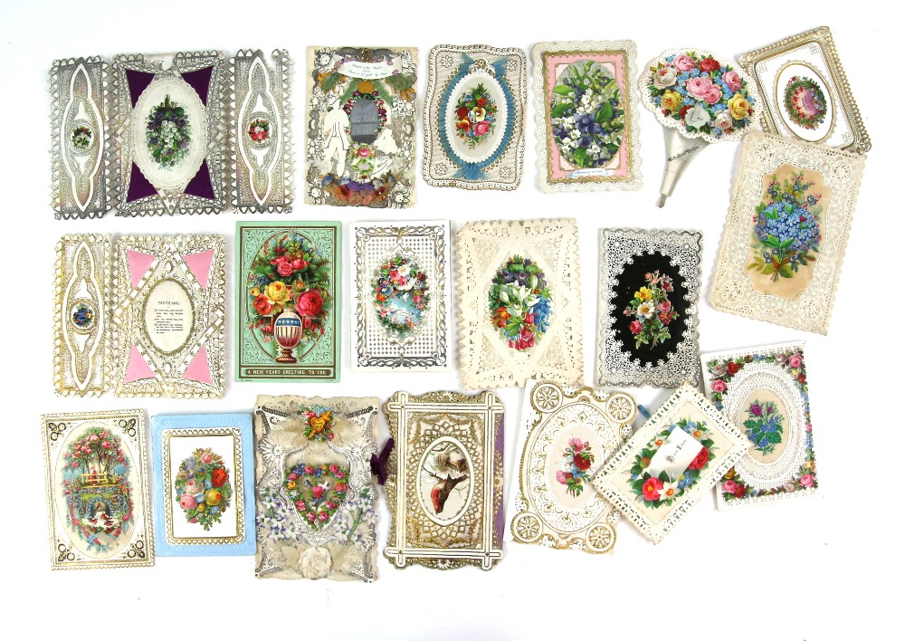 Small collection of Victorian Valentine and Christmas cards some lace edged one with mirror