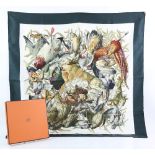 Hermes silk Scarf of game birds by Henri de Linares, in original orange box. appears to have had