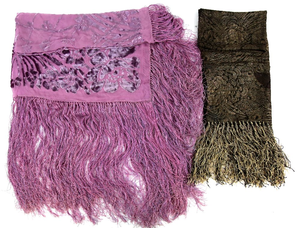 Devore shawl in pale purple with deep fringe and an Art Deco black and gold lame scarf .