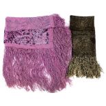 Devore shawl in pale purple with deep fringe and an Art Deco black and gold lame scarf .