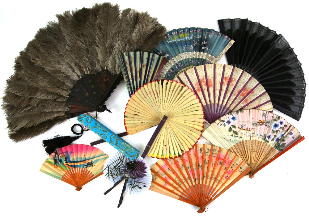 Small collection of fans including a 1920s faux tortoiseshell feather, Victorian sequined fan, and