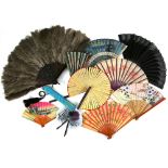 Small collection of fans including a 1920s faux tortoiseshell feather, Victorian sequined fan, and