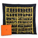 Hermes silk scarf depicting horse bits, Martell Grand National 1997 in orange box. Good overall