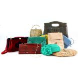 A 1960s green hat, two snakeskin bags, collection of fashion hand bags, parasol and a Italian pair