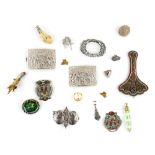 A group of textiles accessories and costume jewellery, including 800 silver belt buckle, niello