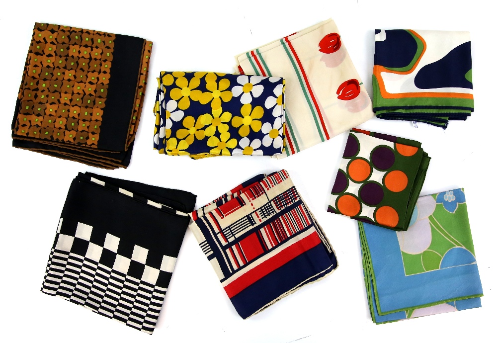 Collection of vintage scarves in bold colours and geometric and stylised floral designs (8).