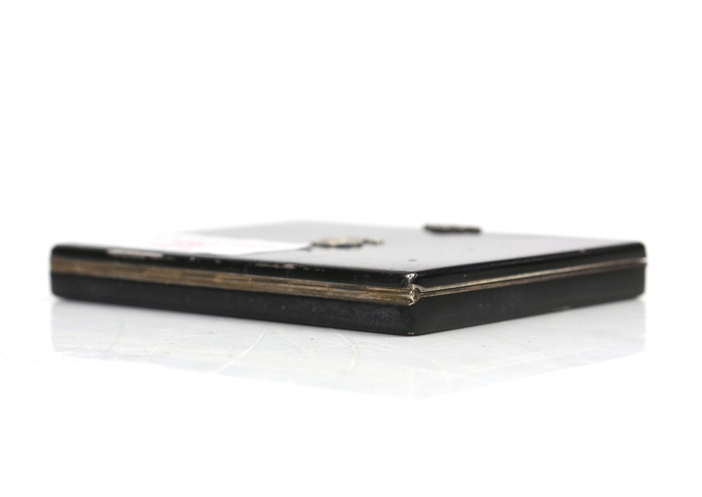 An Asprey Art Deco compact in silver and black enamel with diamanté inlay to the front formed as the - Image 6 of 7