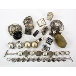 Group of silver jewellery, blister pearl and quartz bracelet, with a T-bar clasp, three pendants,
