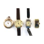 Three gold watches, one Lanco, black rectangular dial with Arabic numerals and minute track, in a 14