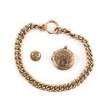 A group of antique gold jewellery, Victorian curb link bracelet with bolt ring clasp, 19.5cm in