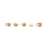 Five signet rings, one oval with with engraved monogram, ring size O, another square signet, size P,