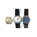 Three watches, 1940's wristwatch, silver coloured dial with Arabic numerals, subsidiary dial and