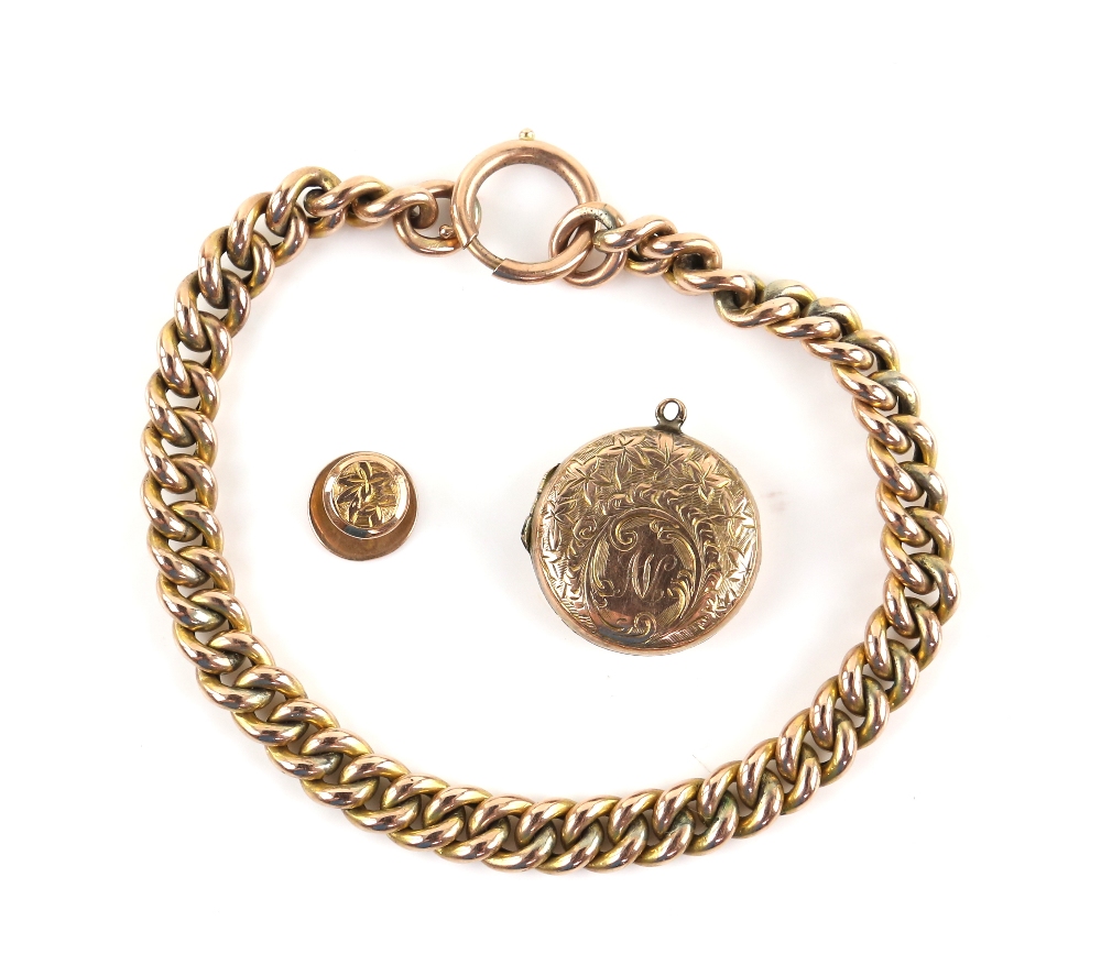 A group of antique gold jewellery, Victorian curb link bracelet with bolt ring clasp, 19.5cm in - Image 2 of 2