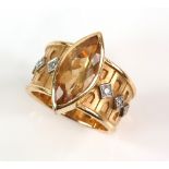 Modern marquise cut yellow topaz ring, estimated topaz weight 3.91 carats, round brilliant cut