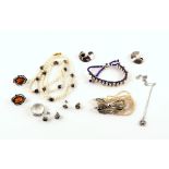 Opera length freshwater pearl and cloisonné bead necklace to a 9 ct gold clasp, silver set amber