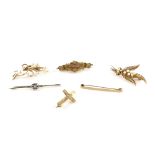 Six gold brooches, one early 20th C bar brooch set with Rose cut and old cut diamond, mount