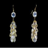 Moonstone cluster drop earrings; oval cabochon cut moonstones collet set in a 'grape' style setting,