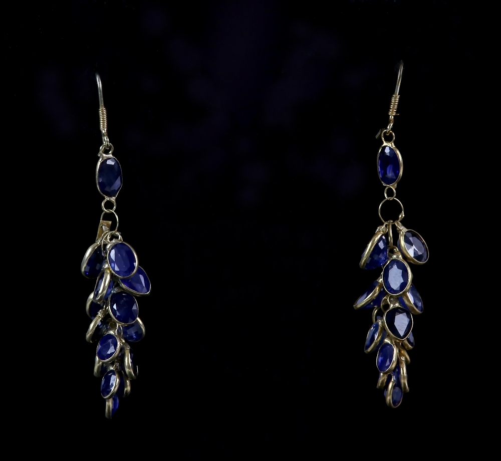 Sapphire cluster drop earrings; oval faceted sapphires collet set in a 'grape' formation, 4cm