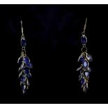 Sapphire cluster drop earrings; oval faceted sapphires collet set in a 'grape' formation, 4cm