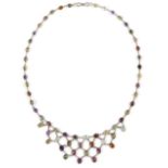 Multi stone set fringe necklace; oval faceted amethyst, peridot, garnet and citrine spectacle set,