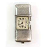 A silver ladies fob watch of rectangular outline, the case sliding open to reveal a square dial with