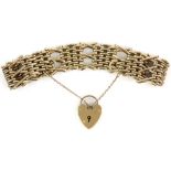 1960's fancy link gate bracelet, 19mm in width, with heart padlock clasp and safety chain, in 9 ct
