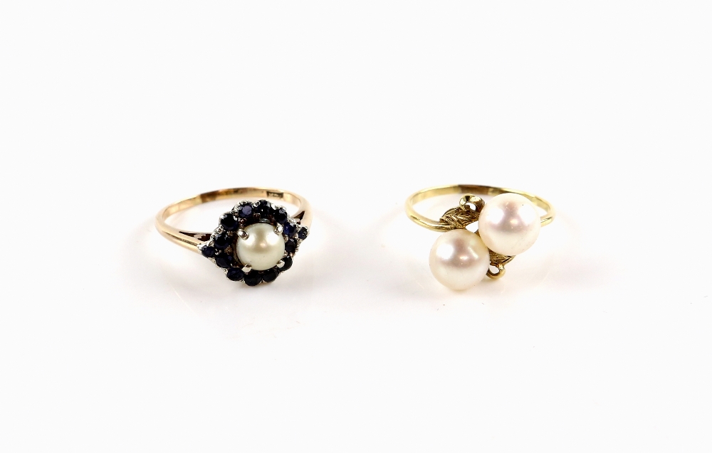 Vintage sapphire and pearl set dress ring size P1/2 and a double pearl ring with leaf motif, size Q, - Image 2 of 2