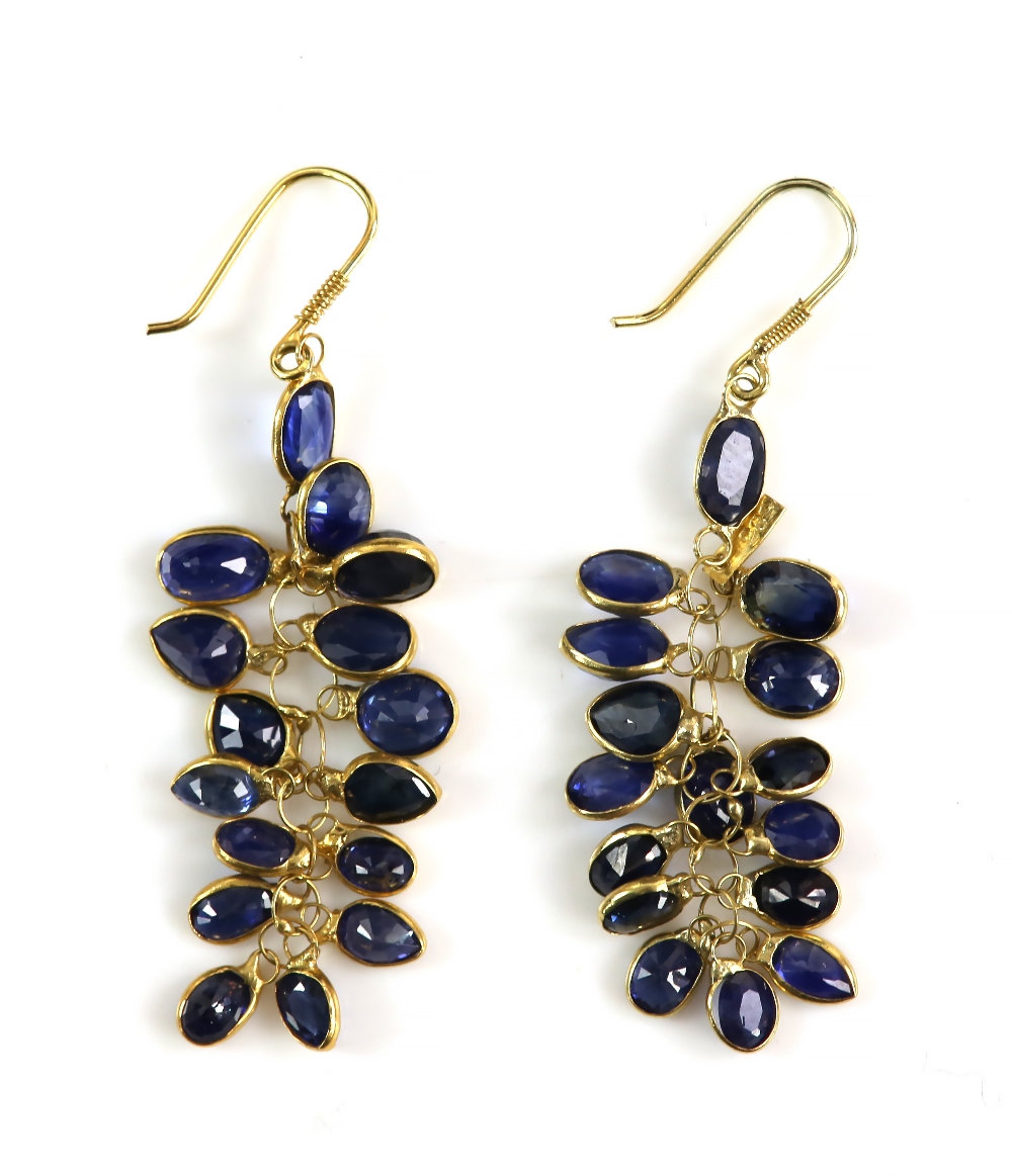 Sapphire cluster drop earrings; oval faceted sapphires collet set in a 'grape' formation, 4cm - Image 2 of 2