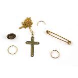 Mixed group of gold jewellery, French cross pendant and chain, in 18 ct, bar brooch, a pair of hoops