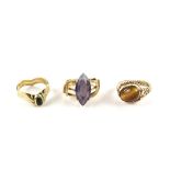 Three abstract gem set ring, one centrally set marquise cut synthetic colour change sapphire, 19 x