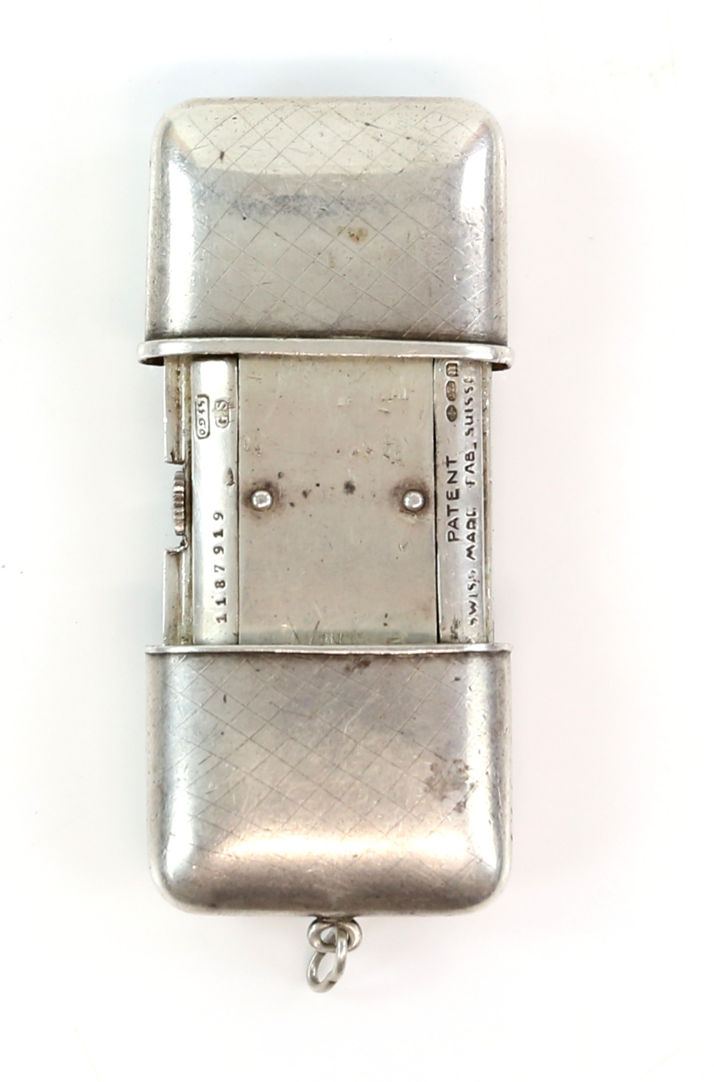 A silver ladies fob watch of rectangular outline, the case sliding open to reveal a square dial with - Image 2 of 2