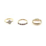 Three gem set rings, Edwardian diamond set plaque ring, mount stamped 18ct, ring size Q, ruby and